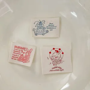 Cotton printed label detail shot, DIY sewing accessories with cute English text and illustrations.