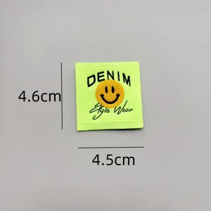 Neon green smiley embroidered patch clothing label DIY garment accessory for bags and hats.