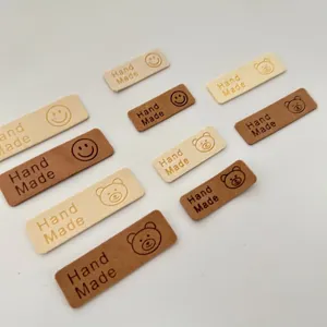 PU Leather Handmade Embossed Labels DIY Craft Tags Bear Smiley Patches For Hats Scarves Bags Clothing Accessories