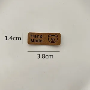 Brown leather tag with cute bear and handmade text for DIY clothing hats bags 3.8cm