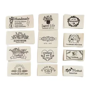 Handmade cotton cloth labels with floral patterns for sewing, DIY craft, clothing decoration.