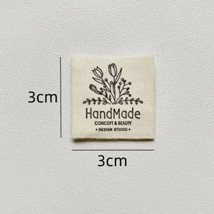 Cotton handmade fabric label with tulip print and 3cm size for clothing and craft DIY.
