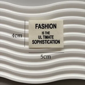 White woven fabric clothing label with fashion quote text, DIY apparel accessory patch 4x5cm.