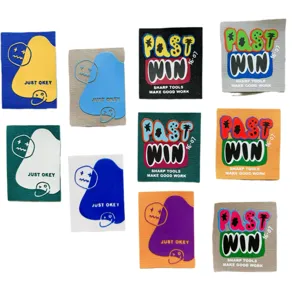 Streetwear embroidered cloth patches with graffiti letters, DIY apparel decor labels.