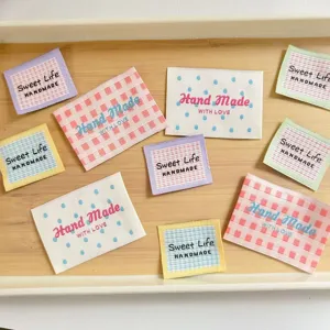 Handmade Woven Cloth Labels Assorted Grid And Polka Dot Embroidery Tags For Clothing Bags Sewing DIY Craft Decoration