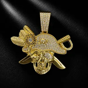 Gold rhinestone pirate skull pendant detail, hip hop style alloy necklace accessory for men.