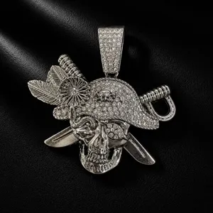 Detailed view of the rhinestone-paved pirate skull pendant, showcasing hip-hop jewelry craft.