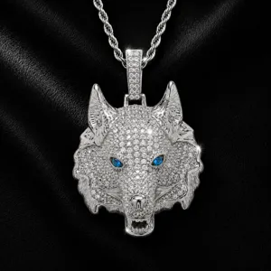 Detailed closeup of hip hop wolf head pendant necklace with sparkling cubic zirconia stones.