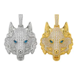 Hip hop wolf head pendant necklace with micro pave cubic zirconia in silver and gold color.