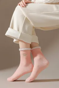 Thick winter warm thermal socks for women, cozy fleece lined fuzzy pink cotton socks.