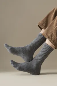 Men's wool blend mid-calf ribbed socks, winter warm outdoor athletic casual crew socks