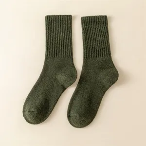 Detailed view of dark green wool winter socks, ribbed cuff and warm knitted texture.