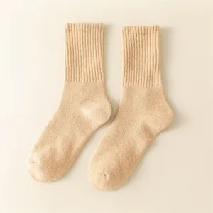 Close-up detail view of thick thermal ribbed wool socks in a neutral beige winter tone.