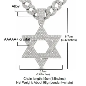Hip hop full rhinestone Star of David pendant necklace detail and size specification.