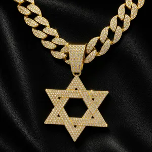 Hip Hop Men Alloy Rhinestone Hexagram Pendant Necklace Gold Silver Plated Cuban Chain Fashion Jewelry