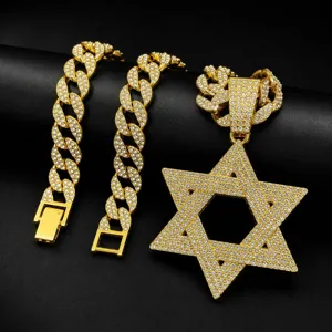 Men's hip-hop iced out Star of David pendant with cuban link chain and bracelet jewelry detail.
