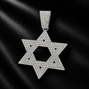 Detailed view of a stunning silver-tone rhinestone pave Star of David pendant necklace.