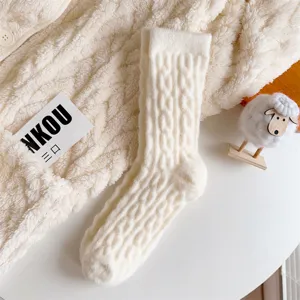 Cozy thick plush cable knit winter socks for women, warm fleece lined home sleep socks.