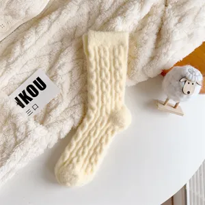 Cozy plush cable knit women socks winter warm thick fleece thermal sleeping socks cream