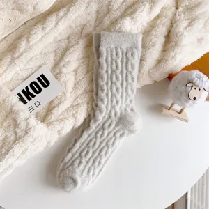 Thickened plush cable knit mid-tube socks for women, cozy winter warm fuzzy home sleep socks.