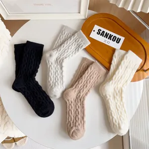 Plush cable knit thick warm mid tube socks cozy winter home socks four colors set