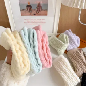 Plush cable knit thick warm home sleeping socks for women winter fluffy cozy casual crew socks