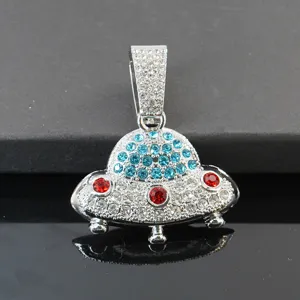 Detailed close-up of a stylish hip-hop style UFO pendant necklace with sparkling rhinestones.