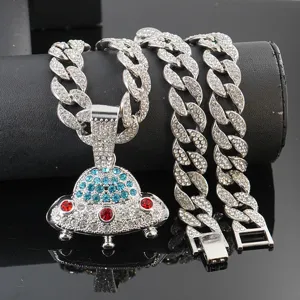 Rhinestone cuban chain necklace with UFO pendant for hip hop style men jewelry detail view