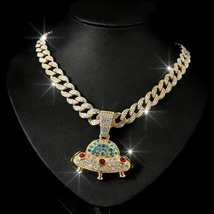 Hip Hop Cuban Chain UFO Pendant Necklace Full Rhinestone Men Fashion Jewelry Main