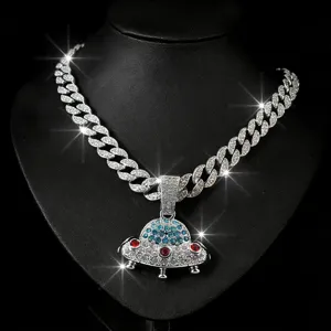 Men's hip hop bling Cuban chain UFO pendant necklace with colorful sparkling rhinestones