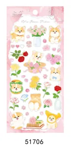 Joli autocollant corgi et fleurs rétro, feuille PVC étanche pour agenda, style rose.