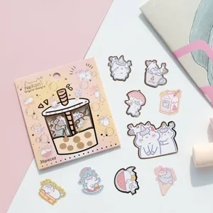 Detail shot of cute cat unicorn stickers set in pastel colors, perfect for journaling art.