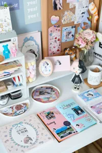 Detailed view of cute stationery sticky notes and handbook decorative material sets.