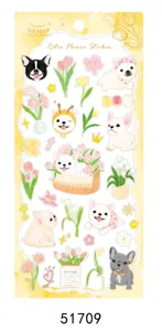 Jolie feuille d autocollants bouledogue francais tulipes, autocollant deco journal retro PVC.