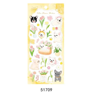 Adorable feuille d'autocollants décoratifs en PVC bouledogue français avec des fleurs rétro.