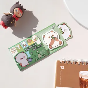 Close-up detail of green NEKONI cute animal panda sticky notes stationery set for journal decor.