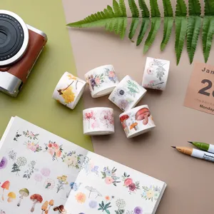 Dettaglio di rotoli di nastro washi botanico con illustrazioni floreali per progetti fai da te.