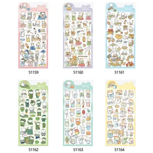 Cute cartoon animal waterproof PET decorative stickers for phone and journal, 6 sheets set
