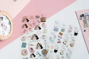 Cute NEKONI girl and rabbit PVC sticker sheet for journal diary decoration, sweet tea party.