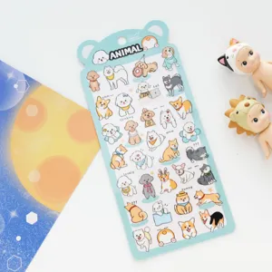 Detail view of cute cartoon dog waterproof PVC sticker sheet with various adorable animal designs.