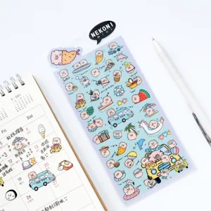 Detailed view of NEKONI cute animal PVC planner stickers featuring adorable pigs in fun summer scenarios.