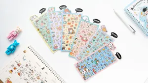 Cute cartoon animal PVC decorative stickers detail view, multi-style stationery supply.