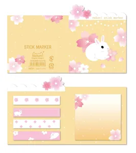 Cute Nekoni rabbit sticky notes cherry blossom stick marker set for journaling and memo pads.