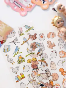 Cute animal waterproof PVC stickers sheet for journaling, phone case and water bottle decor.