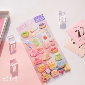 Detailed view of cute dessert and drink puffy stickers, epoxy journaling stickers for journaling.