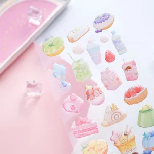 Cute transparent epoxy journaling stickers featuring dessert, cake, and sweet drink illustrations.