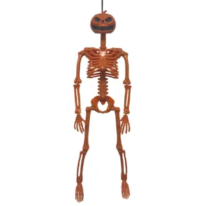 Vue détaillée d'un squelette d'Halloween orange de 40 cm avec tête de citrouille