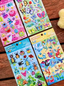 Close-up detail of colorful 3d foam stickers featuring cute insects, dinosaurs and butterflies.