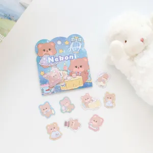 Cute bear sticker detail view, holographic backing card and mini die-cut stickers for journaling.