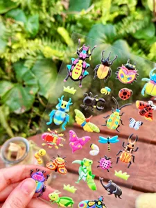 Detailed view of colorful 3D puffy insect stickers, perfect for phone and journal decor.
